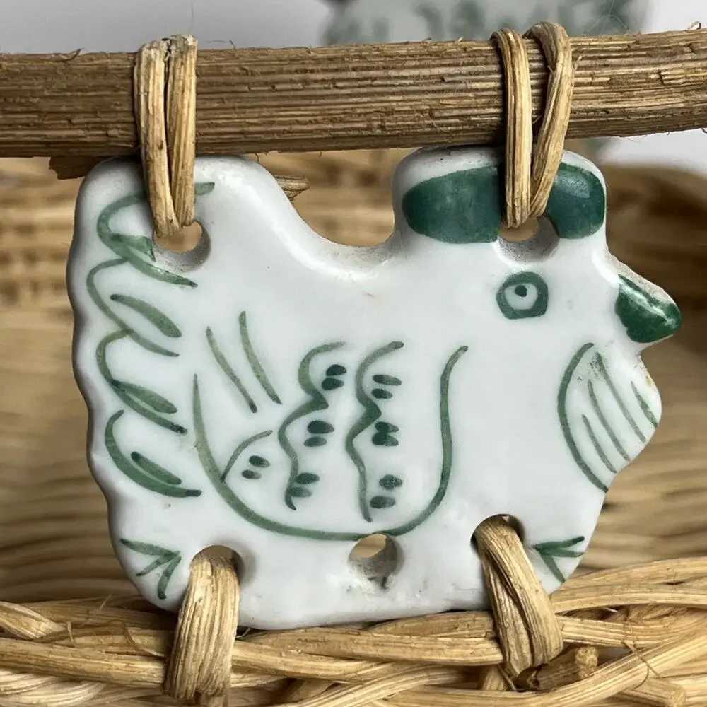 Vintage Wicker Basket w/ White & Sage Green Ceramic Chicken Accents Farmhouse